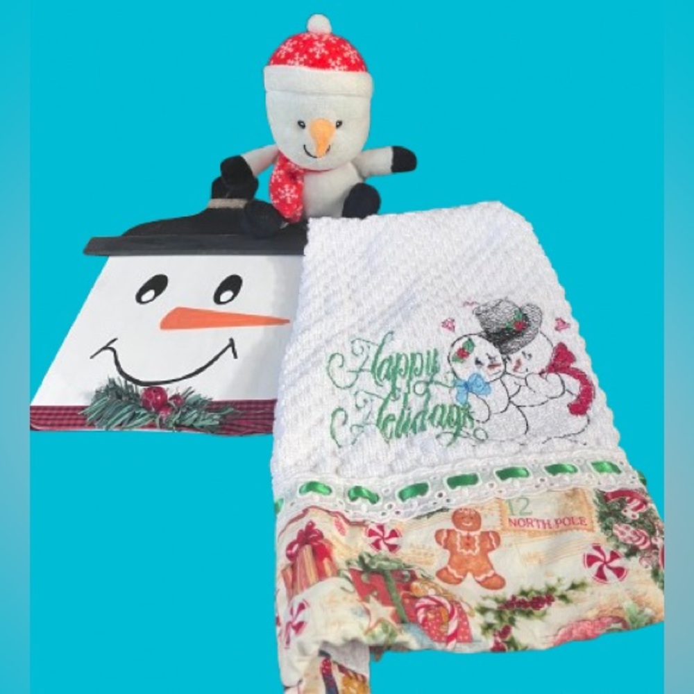 Snowman bundle! Musical plushie, wall decor and kitchen towel.